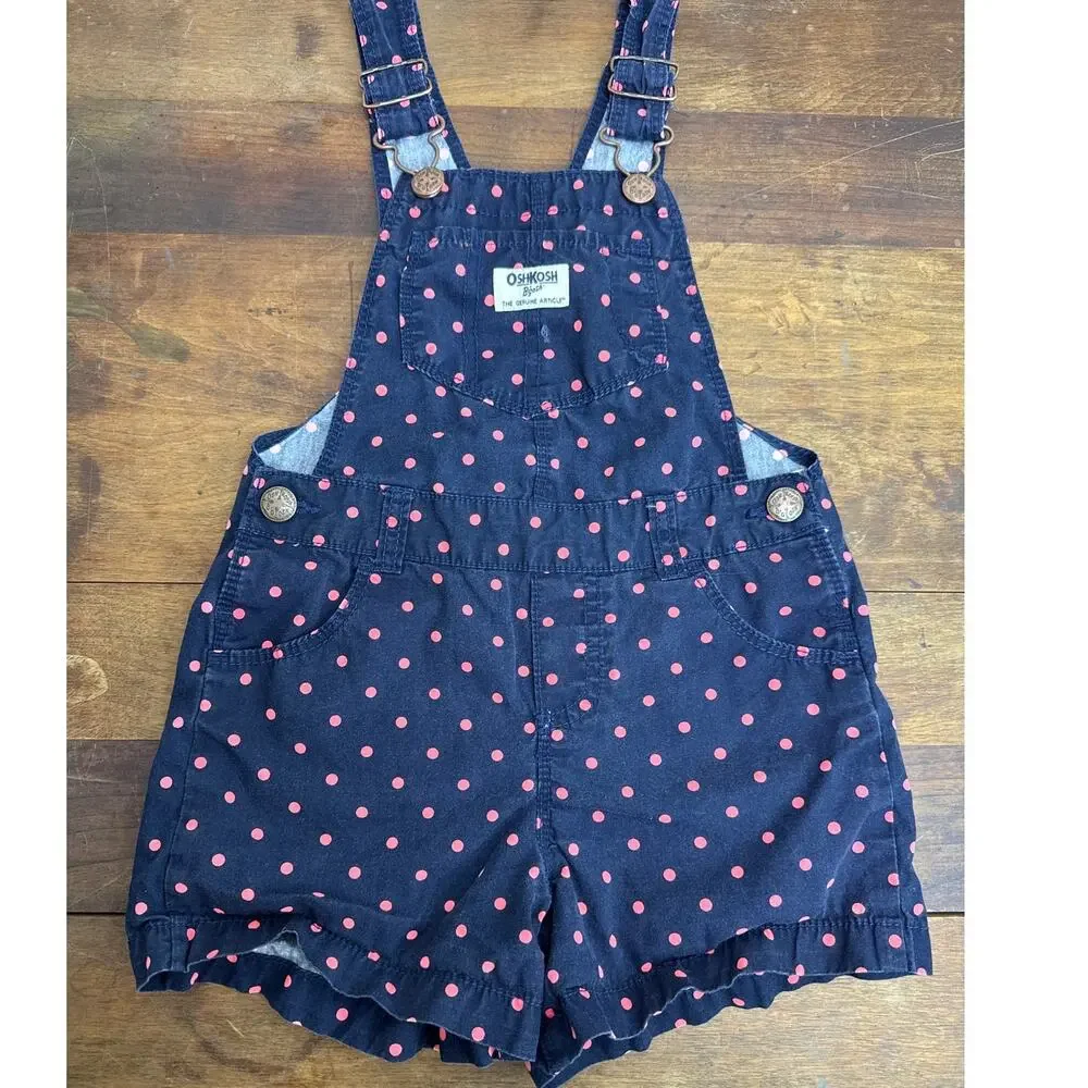 OshKosh B'Gosh Blue & Pink Polka Dot Bib Shorts Shortalls Vestbak Girls Size 4T